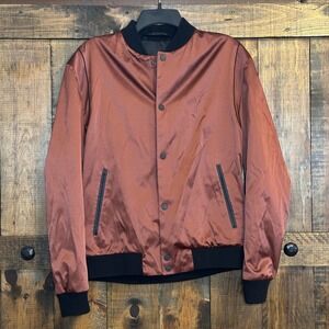 ZARA Men's Bomber Jacket Rust Satin Black Trim Ribbed Collar Cuffs Full Zip Sz L